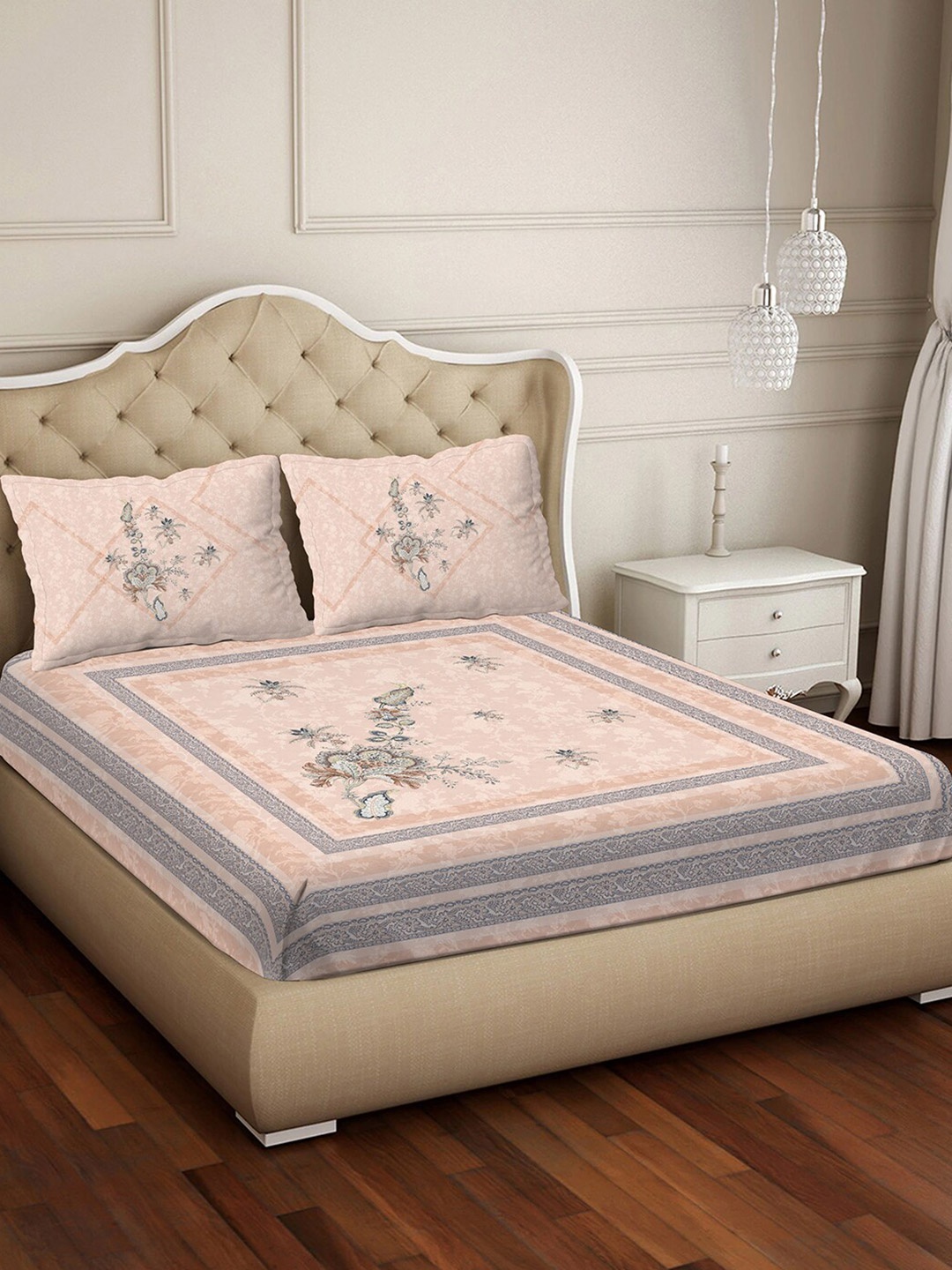 

BELLA CASA Pink & Grey Ethnic Motifs Cotton 400 TC King Bedsheet With 2 Pillow Covers