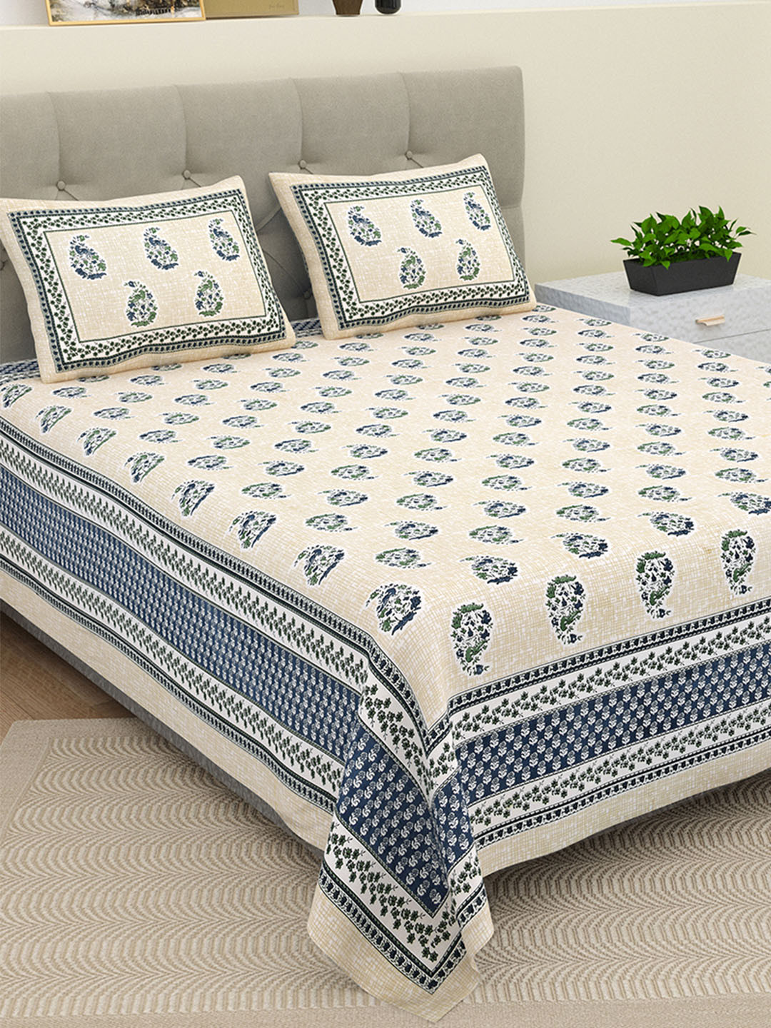 

BELLA CASA Ethnic Blue Floral Pure Cotton 180 TC King Bedsheet & 2 Pillow Covers, Cream
