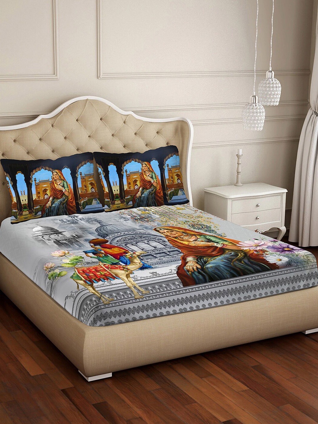 

BELLA CASA Avenue Blue & Red Graphic Cotton 300 TC King Bedsheet & 2 Pillow Covers
