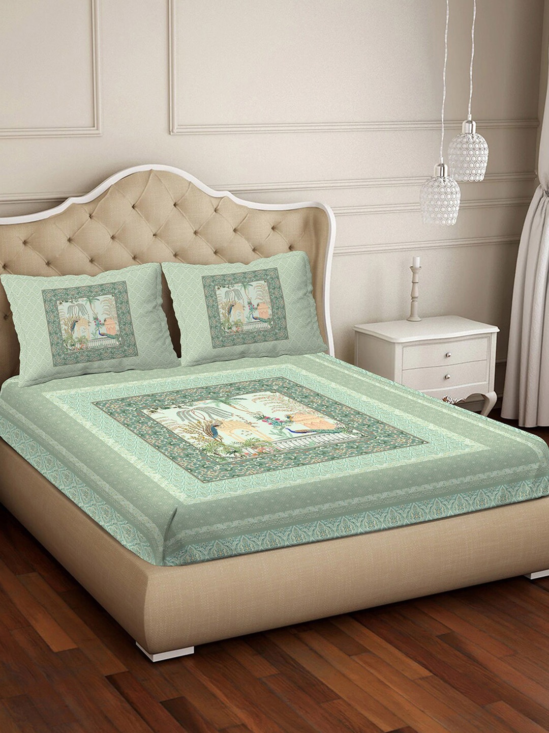 

BELLA CASA Impression Green Ethnic Motifs Cotton 400 TC King Bedsheet With 2 Pillow Covers