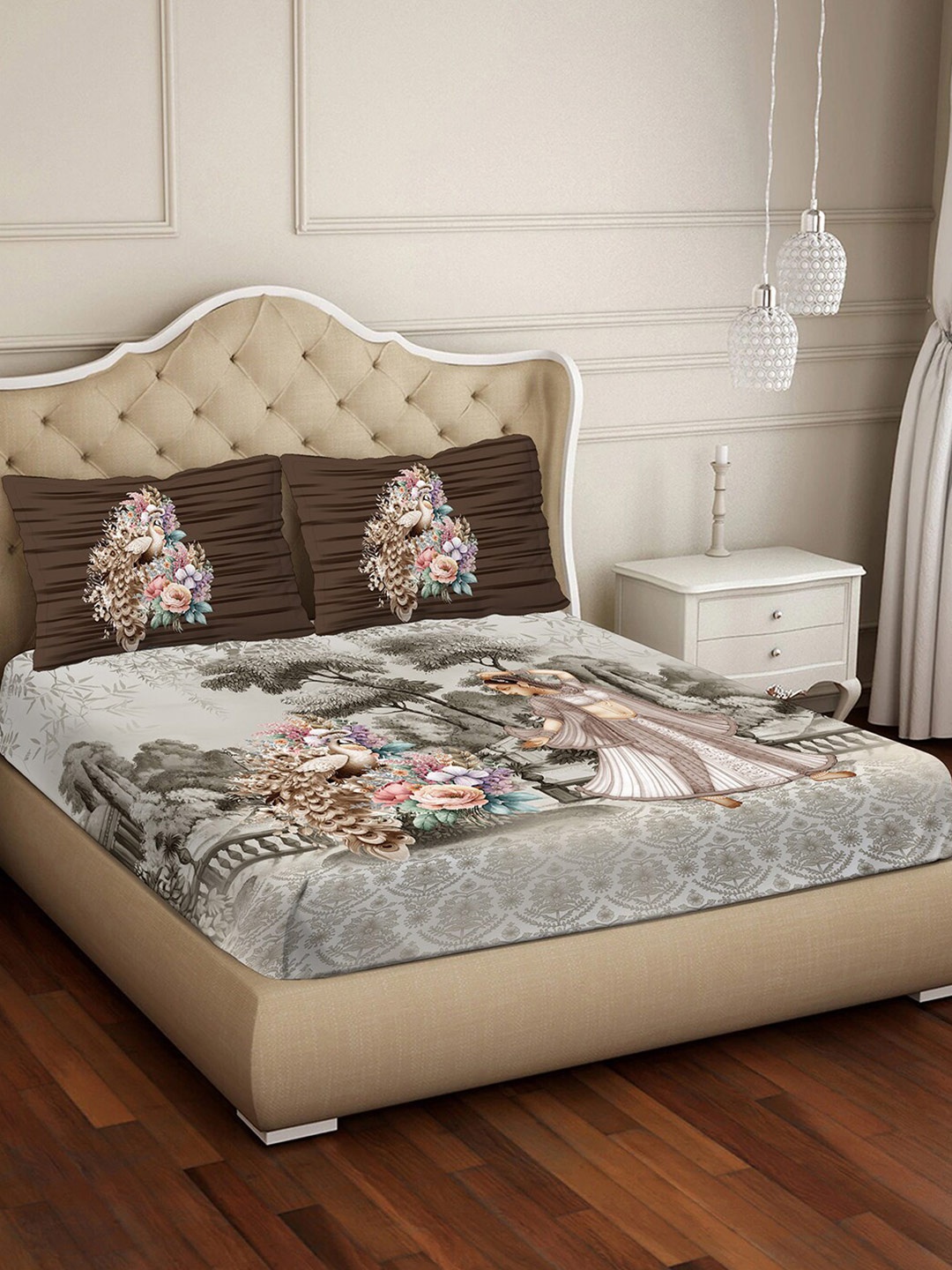 

BELLA CASA Grey & Green Printed Cotton 300 TC King Bedsheet with 2 Pillow Covers