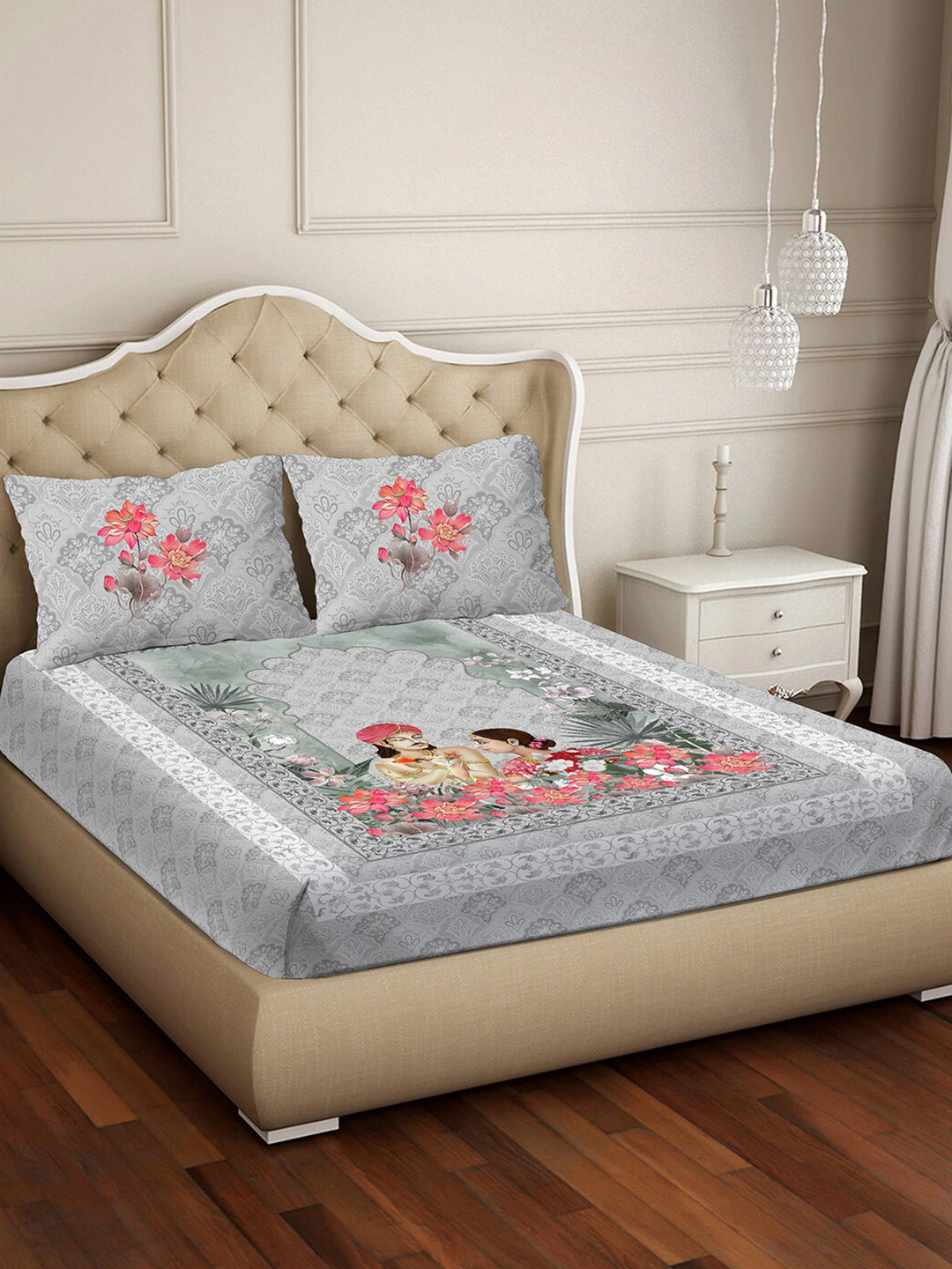 

BELLA CASA Avenue Grey & Red Ethnic Pure Cotton 300 TC King Bedsheet with 2 Pillow Covers