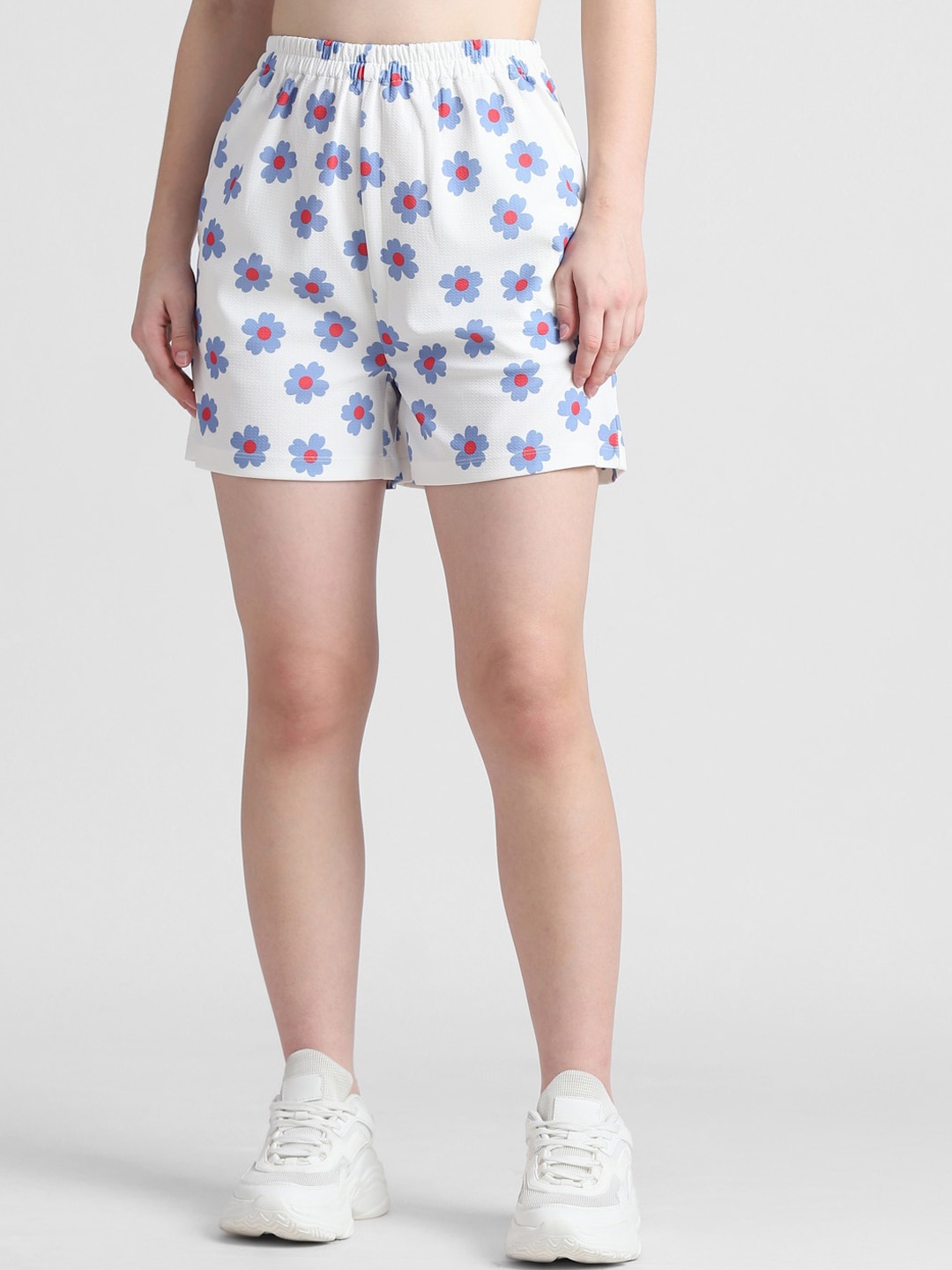 ONLY Women Floral Printed High-Rise Shorts, White