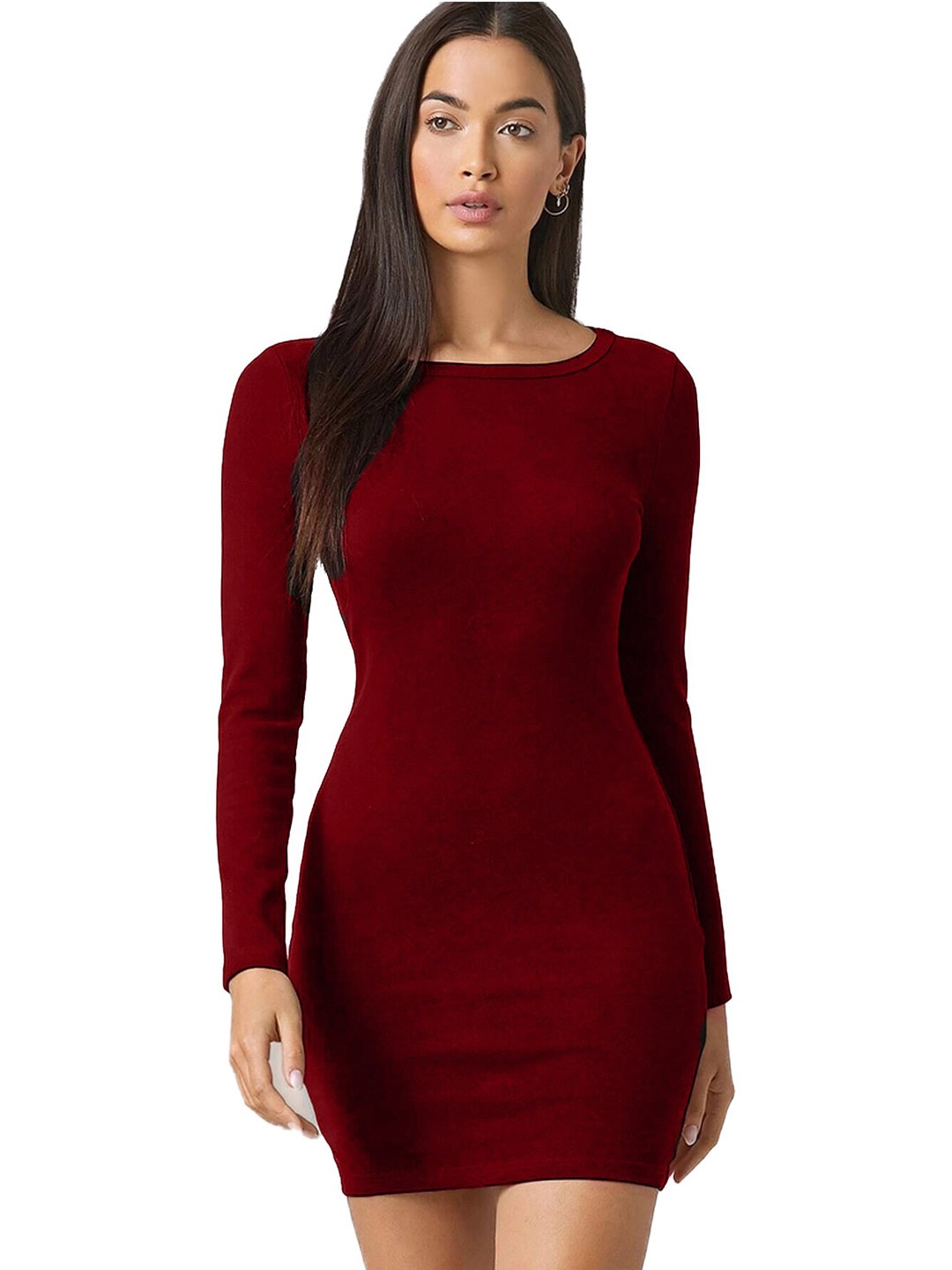 

ELYRAA Round Neck Bodycon Mini Dress, Maroon