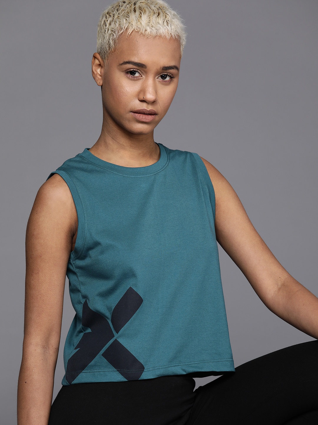 

HRX by Hrithik Roshan Printed Sleeveless Tank T-shirt, Teal