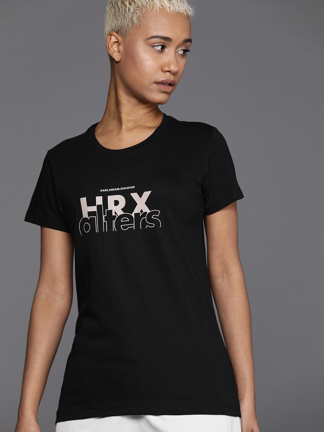 

HRX by Hrithik Roshan Brand Logo Print Pure Cotton T-shirt, Black