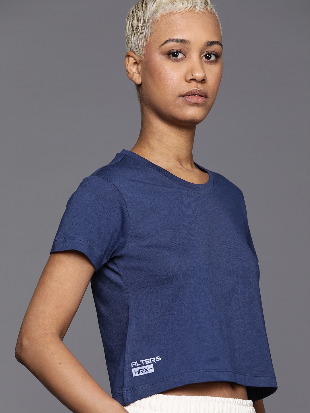 

HRX by Hrithik Roshan Pure Cotton Crop T-shirt, Navy blue