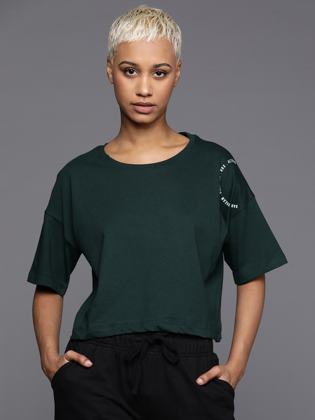 

HRX by Hrithik Roshan Women Pure Cotton Boxy Crop T-shirt, Green