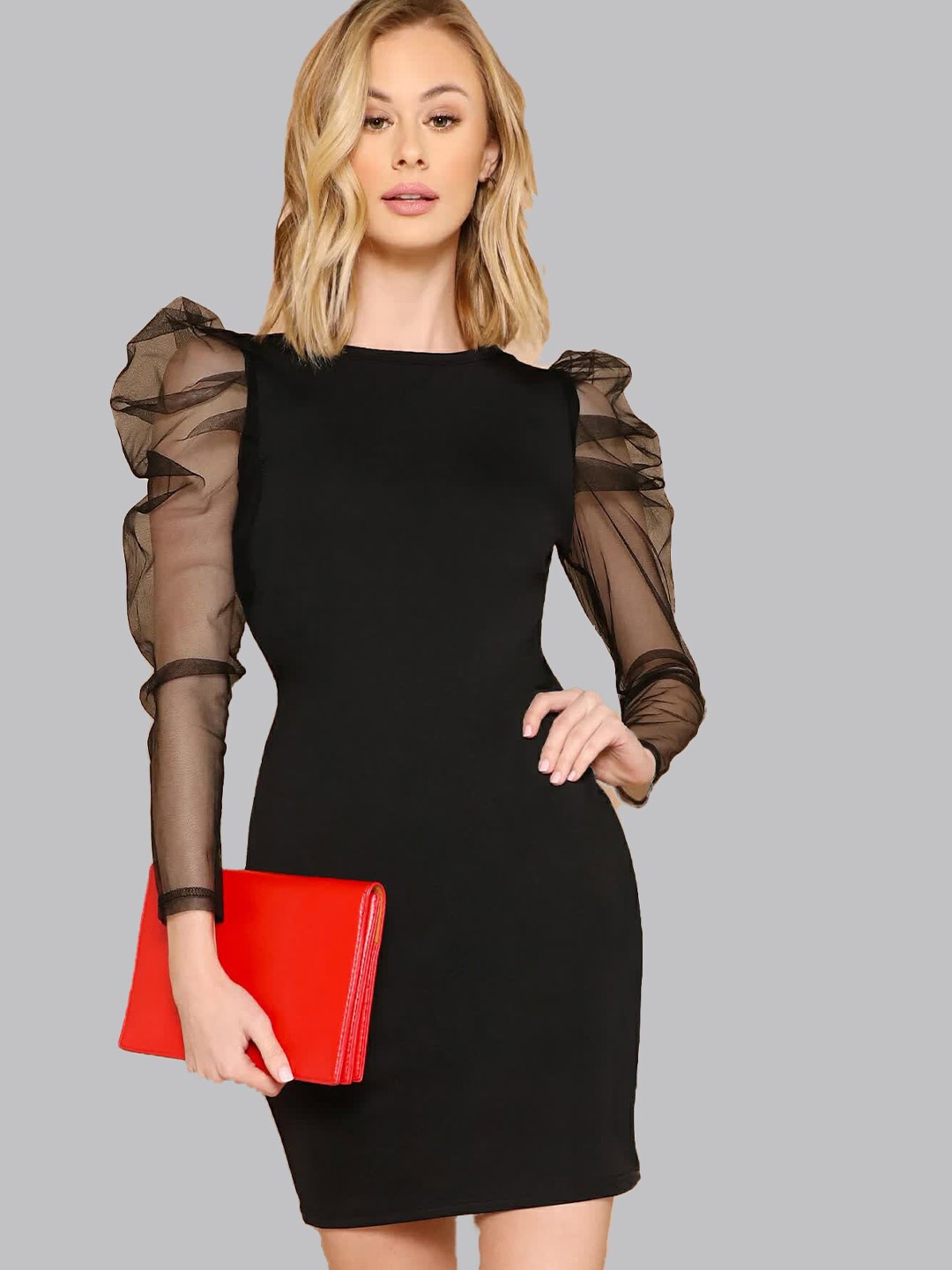 

ELYRAA Puff Sleeves Round Neck Bodycon Mini Dress, Black