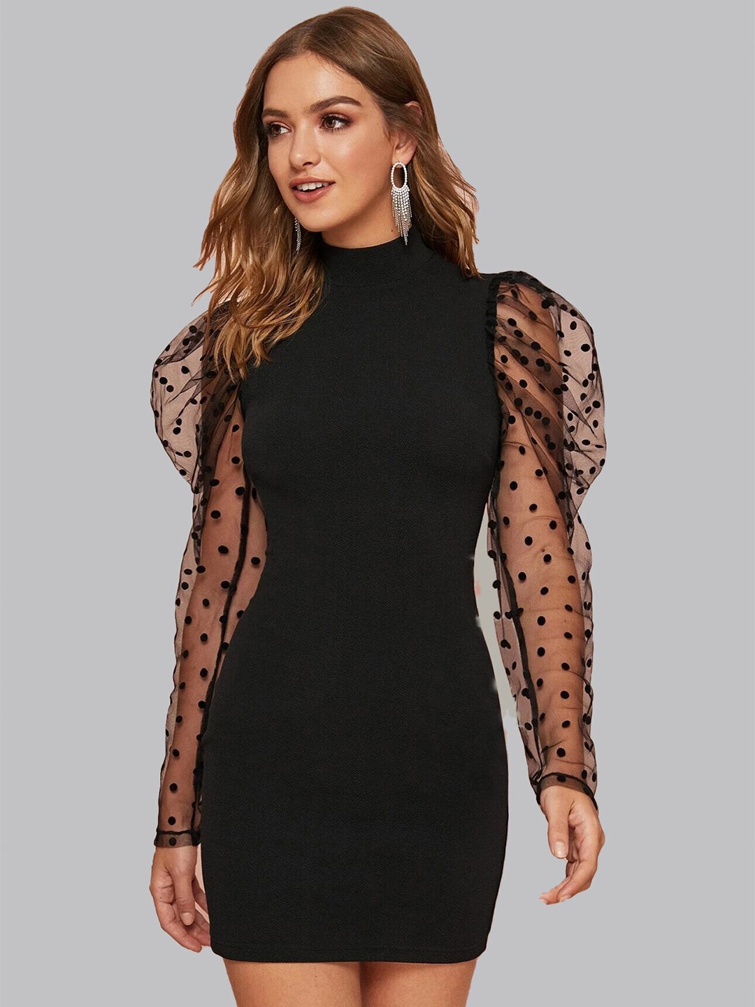 

ELYRAA High Neck Puff Sleeves Bodycon Mini Dress, Black