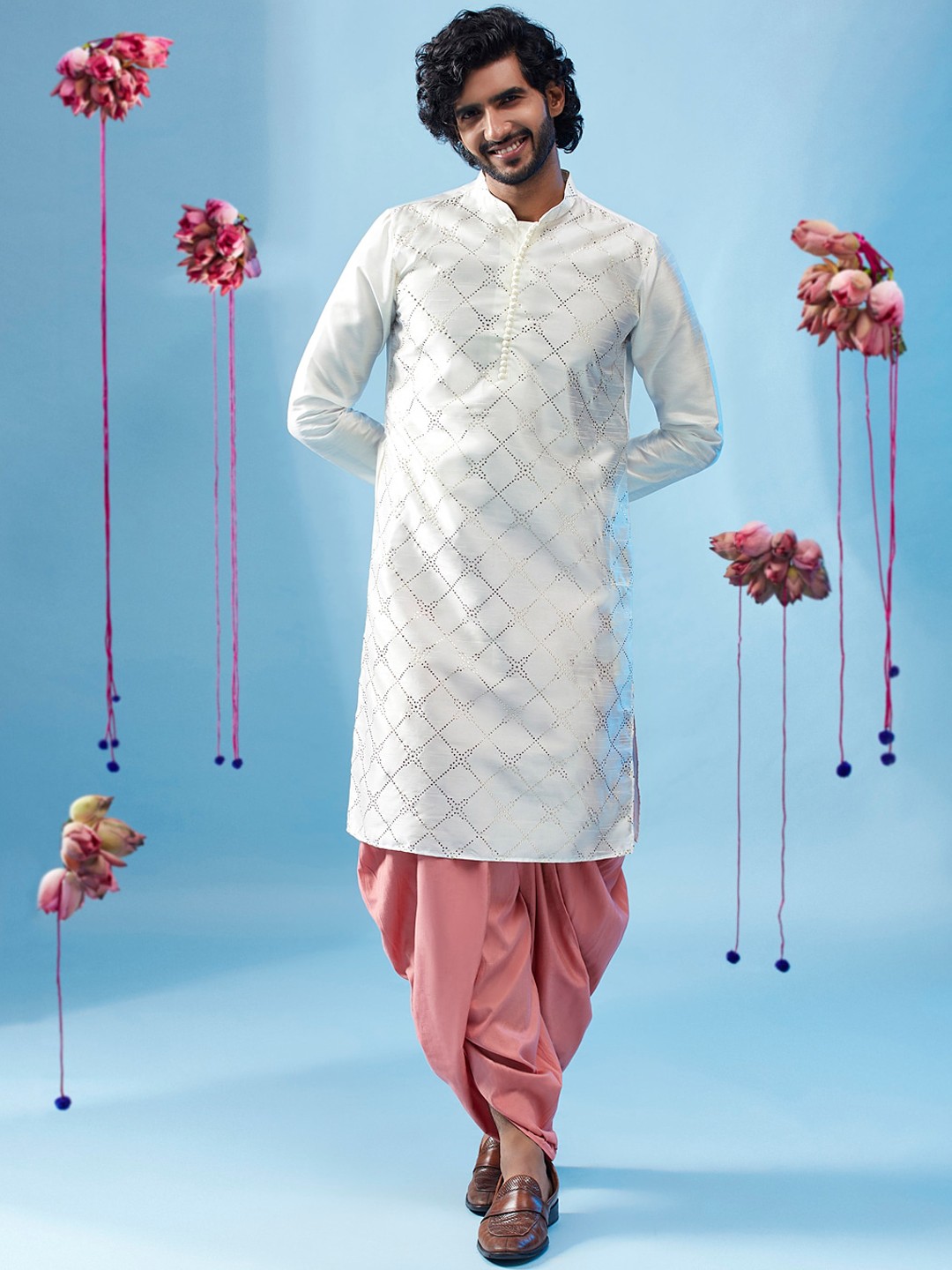

KISAH Geometric Self Design Mandarin Collar Beads & Stones Straight Kurta with Dhoti Pants, White