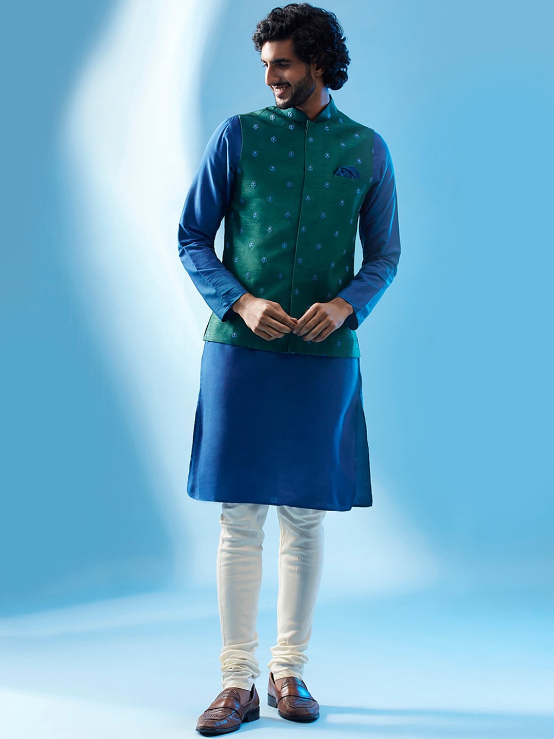 

KISAH Mandarin Collar Regular Kurta With Churidar & Embroidered Nehru jacket, Green