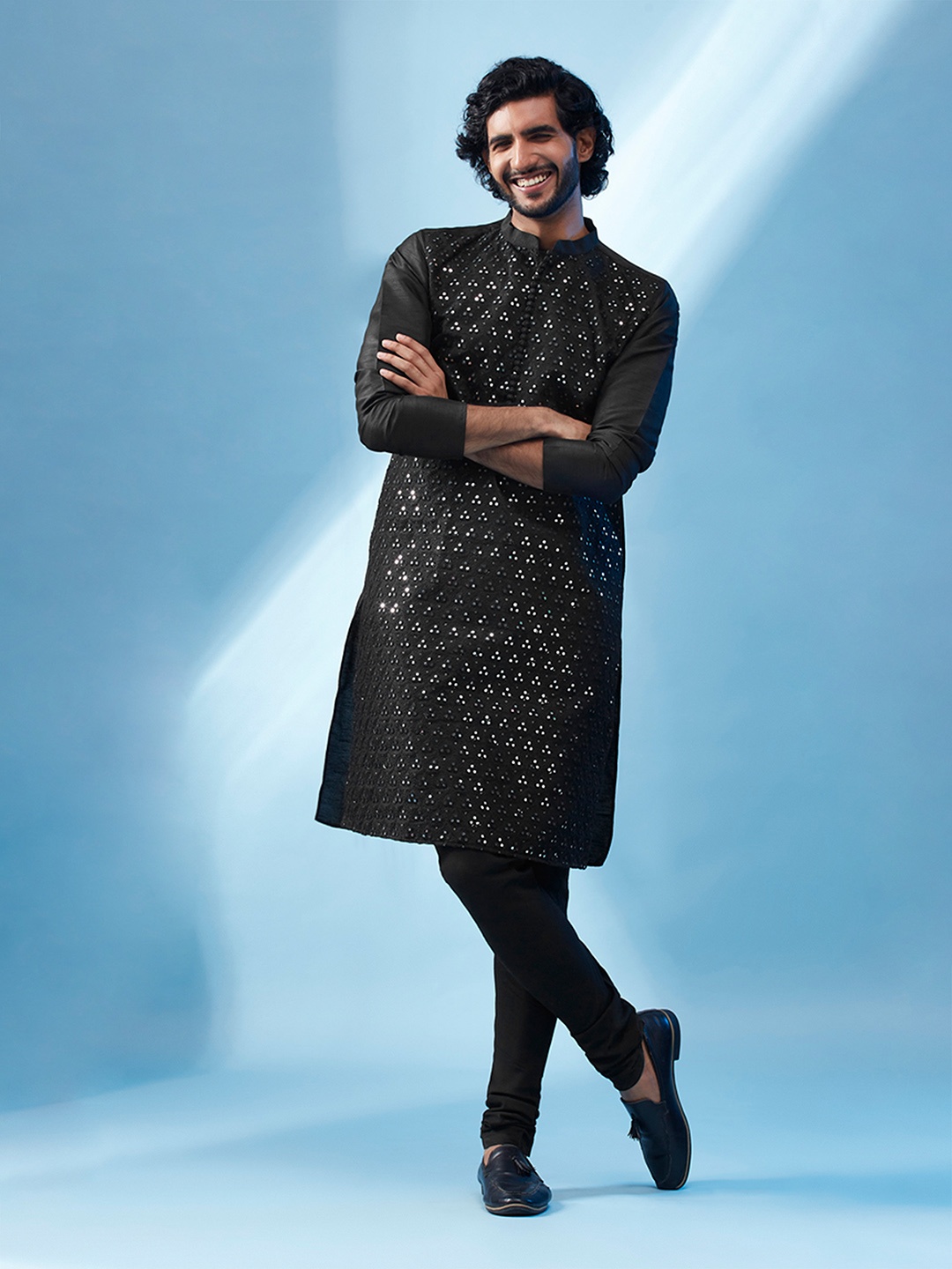 

KISAH Ethnic Motifs Embroidered Regular Mirror Work Kurta With Churidar, Black