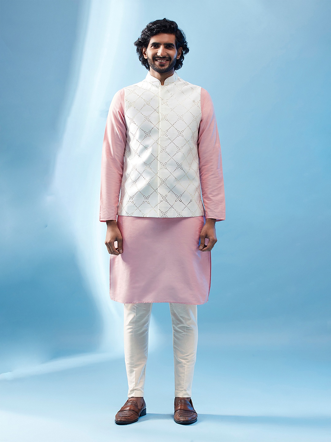 

KISAH Mandarin Collar Regular Kurta With Churidar & Embellished Nehru jacket, White