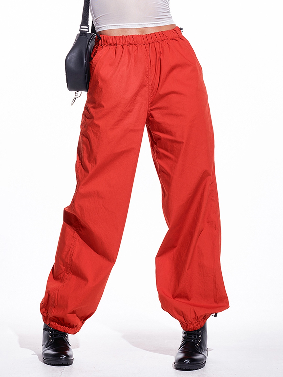 

IZF Women Oversized High Rise Cotton Parachute Trousers, Orange