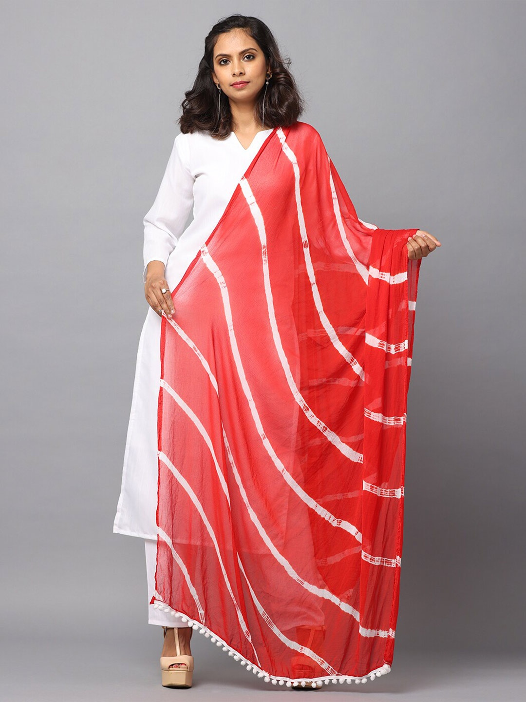 

HELLA FASHIONS Striped Leheriya Chiffon Dupatta, Red