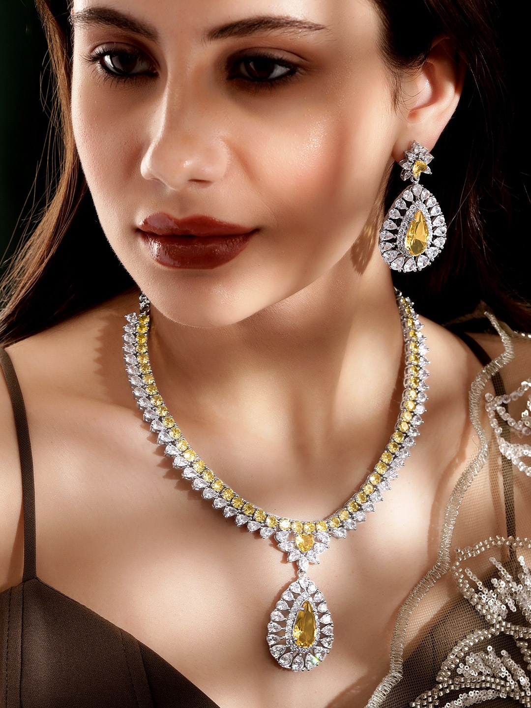 

Rubans Rhodium-Plated Stone Studded Jewellery Set, Silver