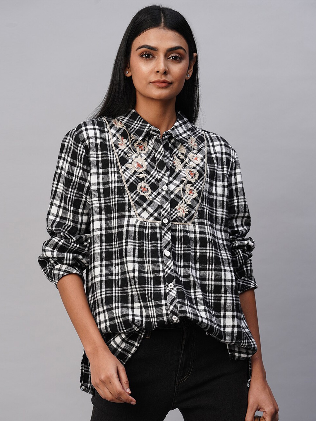 

Chemistry Checked Embroidered Shirt Style Top, Black