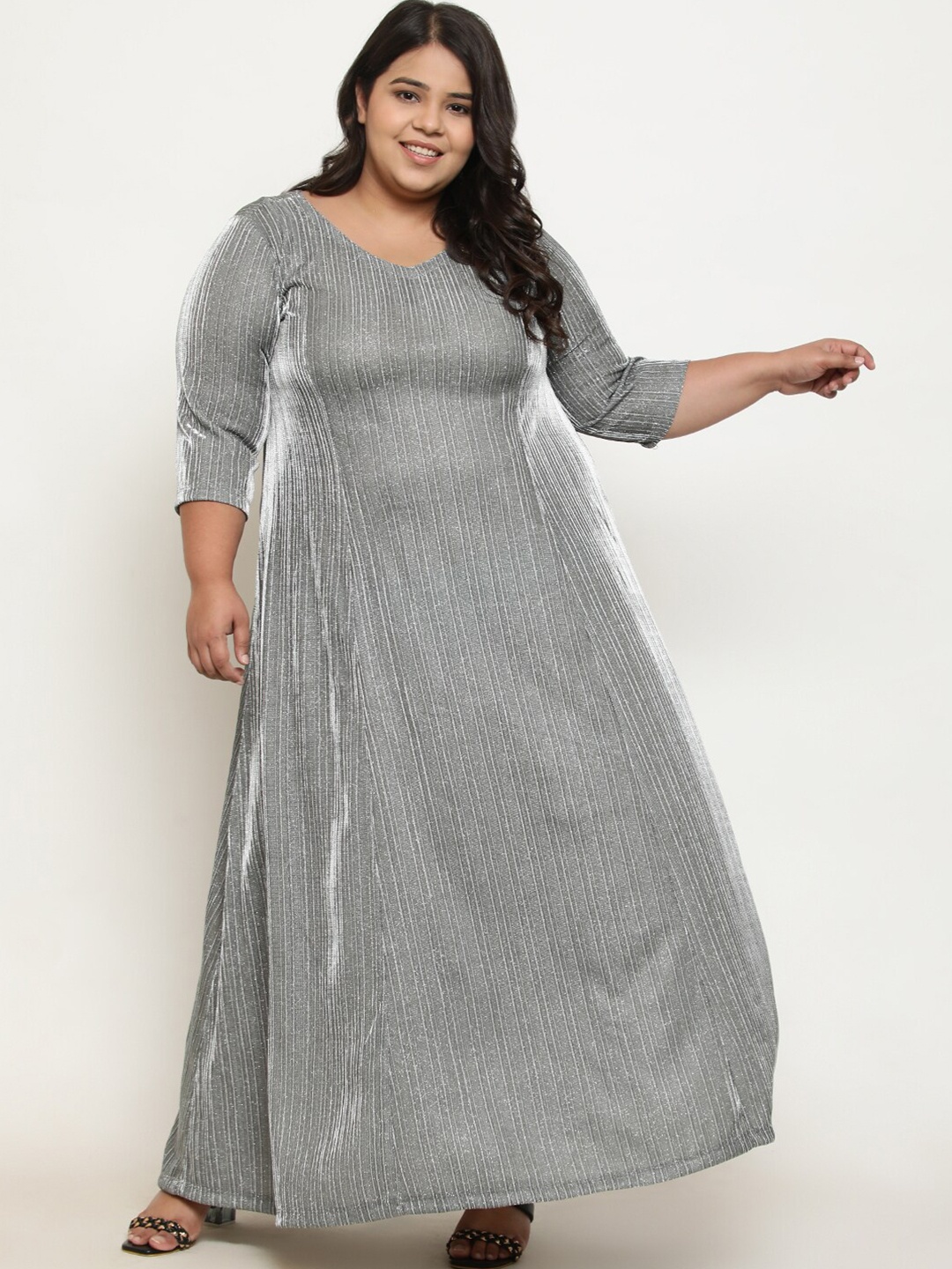 

Amydus Plus Size Striped V-Neck Maxi Dress, Grey