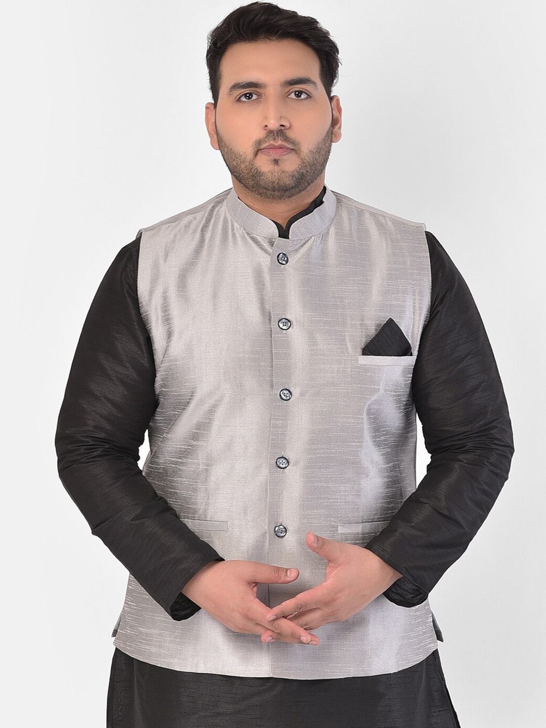 

Sztori Plus Size Woven-Design Mandarin Collar Nehru Jacket, Silver