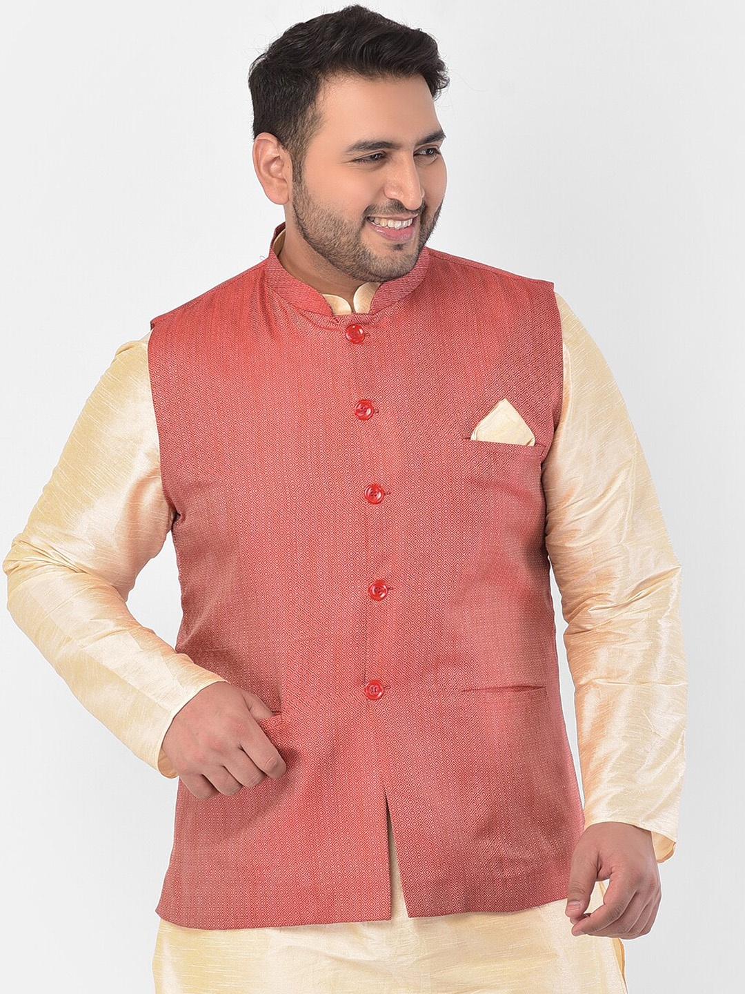 

Sztori Plus Size Woven-Design Mandarin Collar Nehru Jacket, Maroon