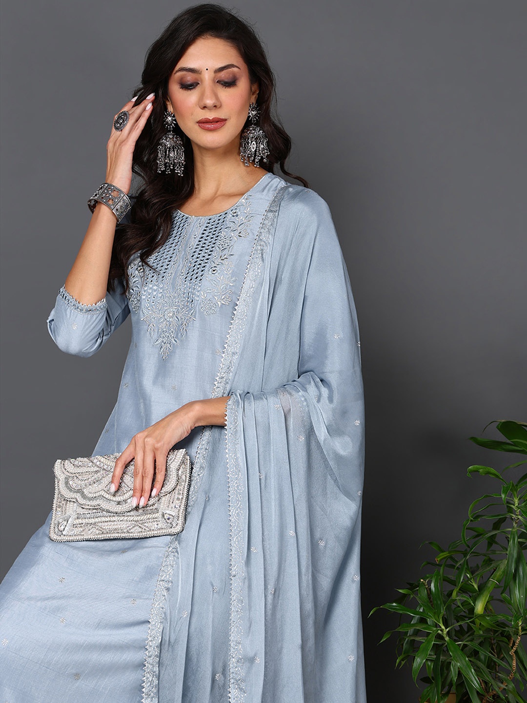 AHIKA Ethnic Motifs Embroidered Regular Mirror Work Straight Kurta With Trousers & Dupatta, Blue