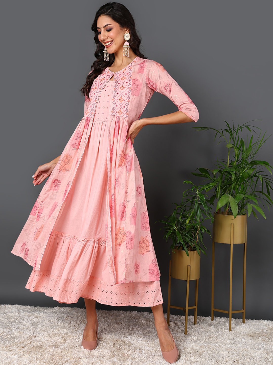

AHIKA Embroidered Detail Fit and Flare Ethnic Dress With Jacket, Pink