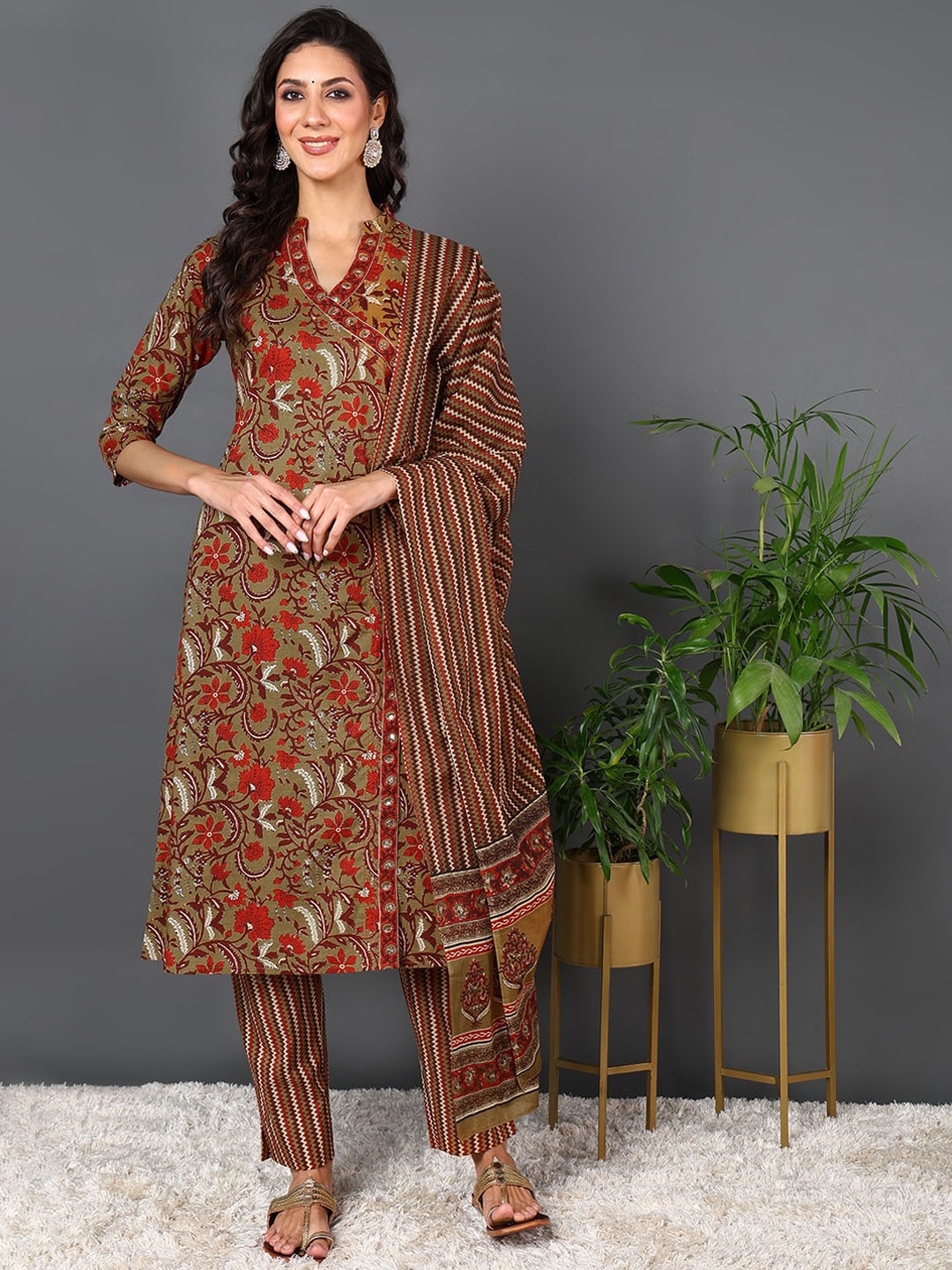 

AHIKA Floral Printed Angrakha Gotta Patti Pure Cotton Kurta with Trousers & Dupatta, Red