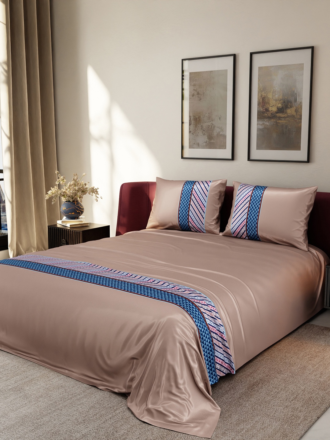 

Stoa Paris Beige & Blue Striped 300 TC Queen Satin Bedsheet With 2 Pillow Covers
