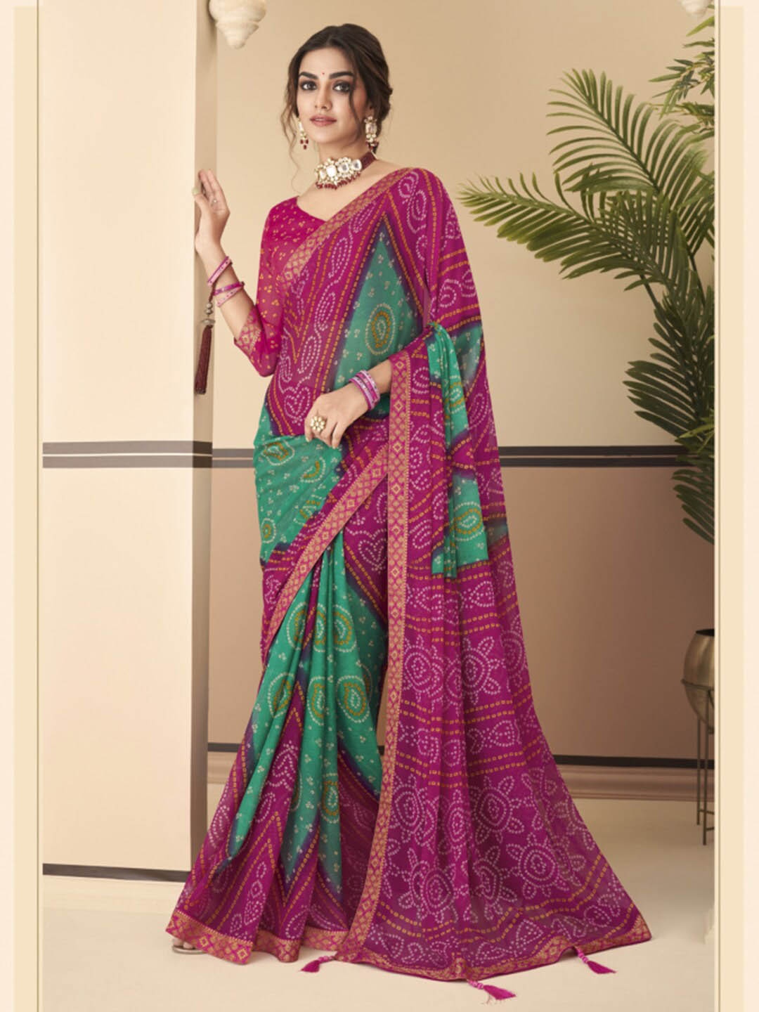 

Kasak Bandhani Printed Zari Saree, Pink