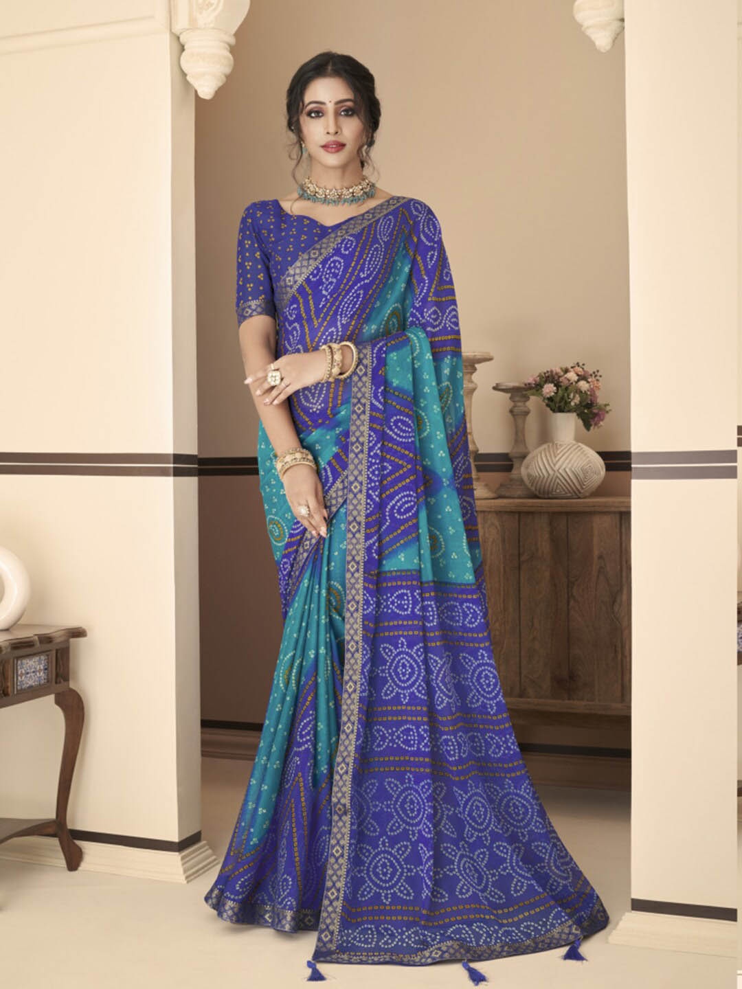 

Kasak Bandhani Printed Zari Saree, Blue