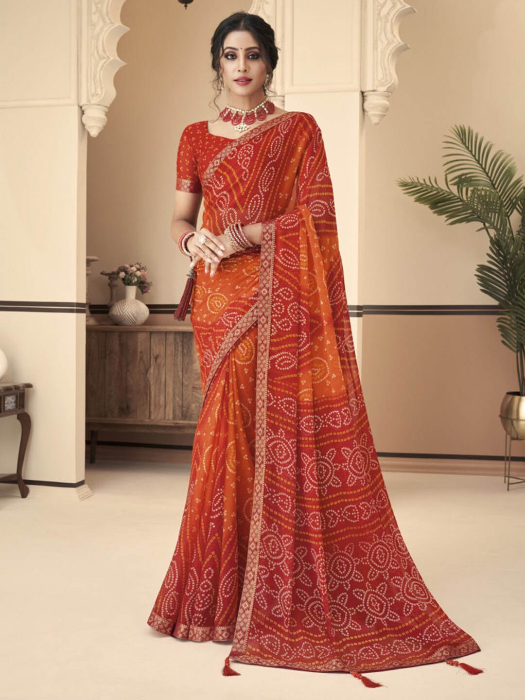 

Kasak Bandhani Printed Zari Saree, Red