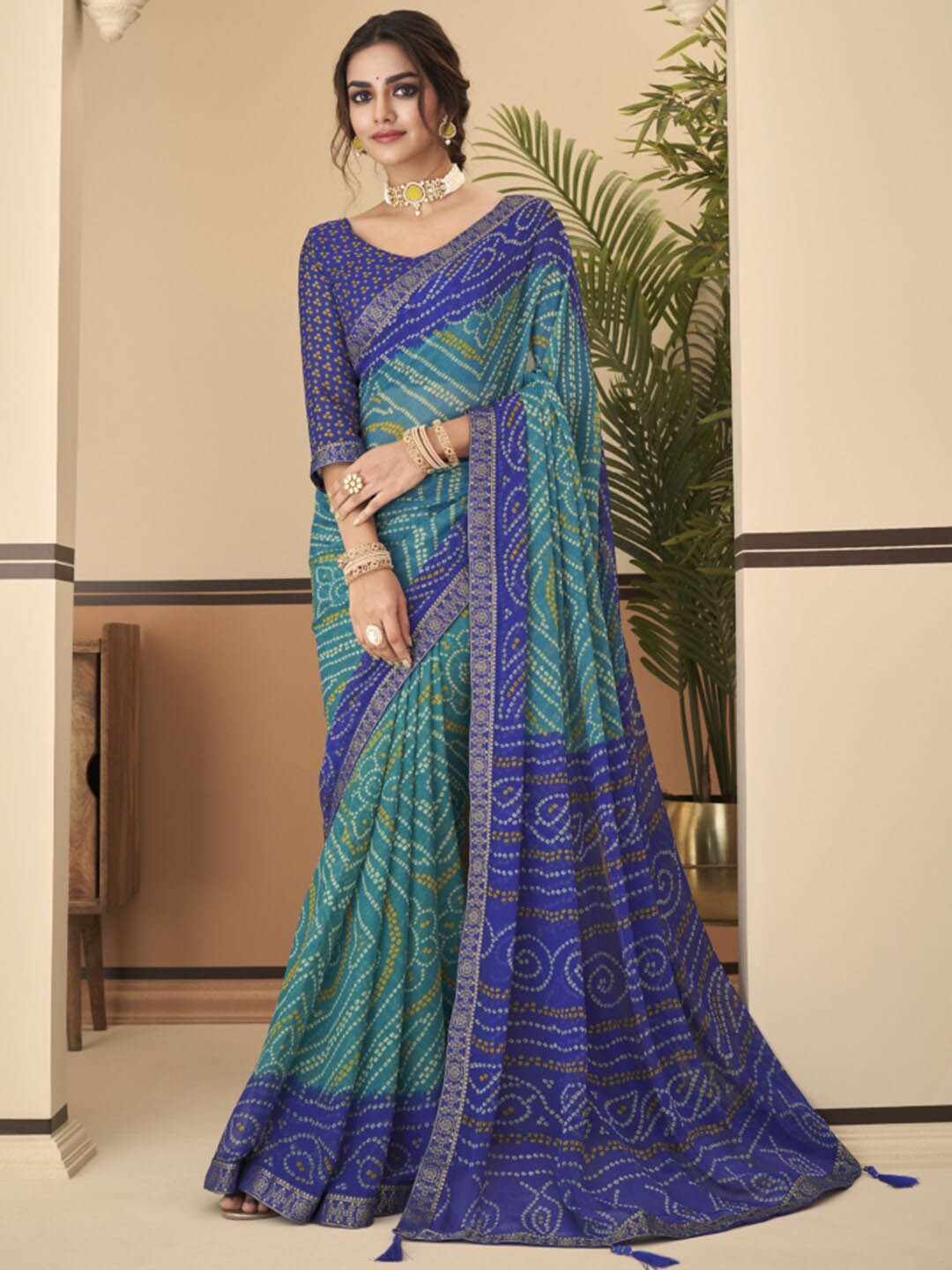 

Kasak Bandhani Printed Zari Saree, Blue