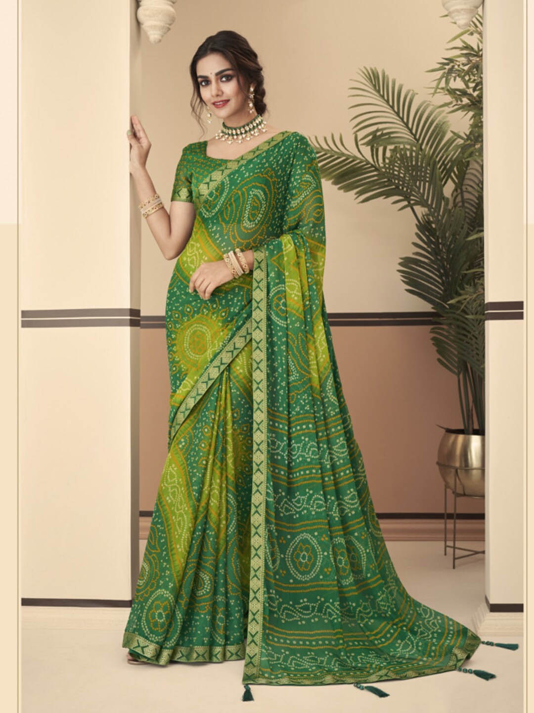 

Kasak Bandhani Printed Zari Bandhani Saree, Green