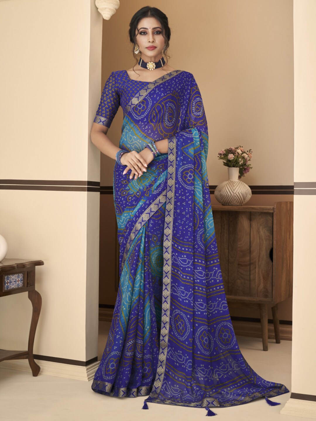 

Kasak Bandhani Printed Zari Bandhani Saree, Blue