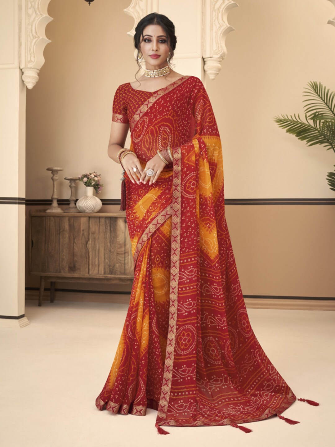 

Kasak Bandhani Printed Zari Bandhani Saree, Red