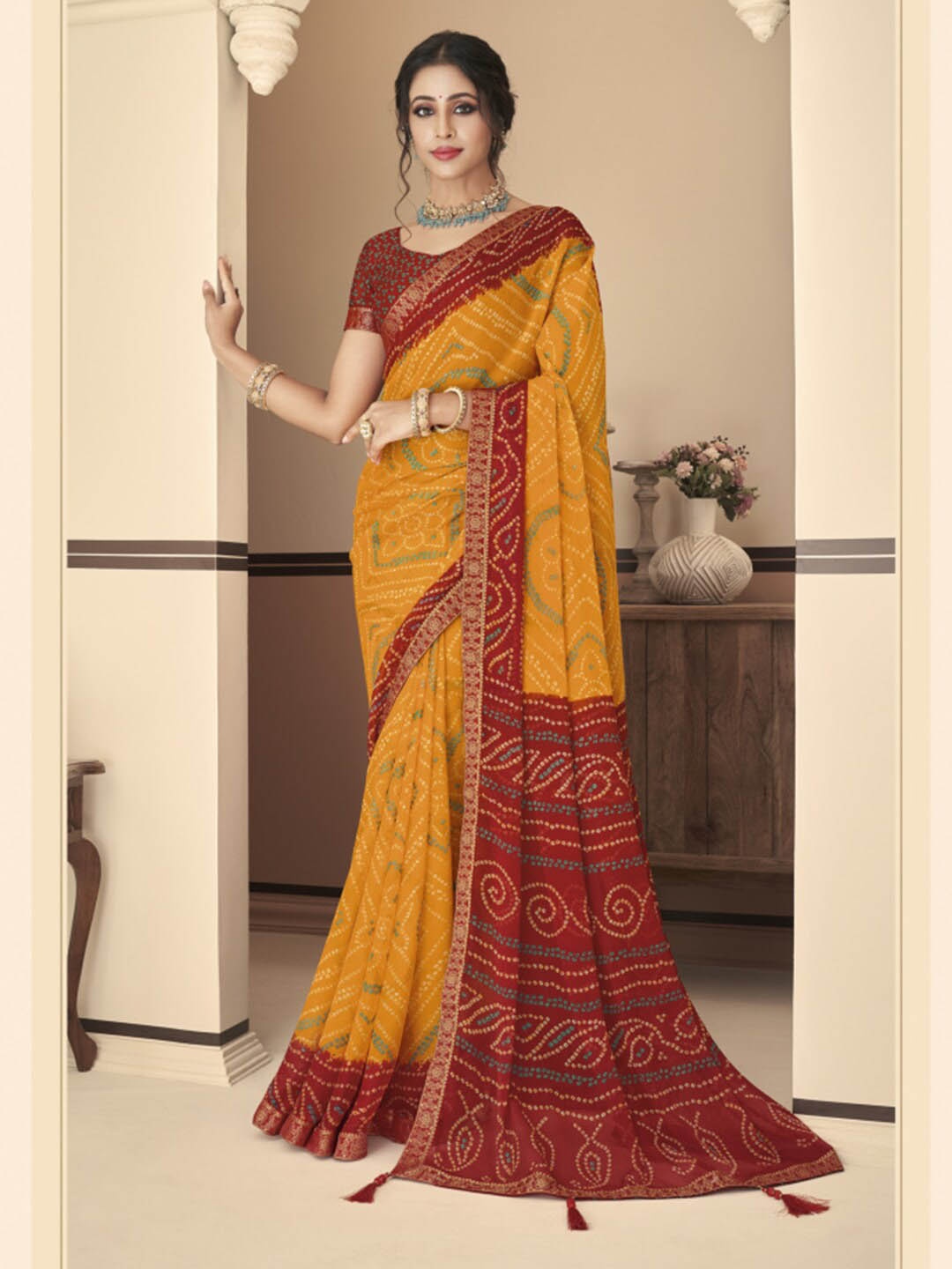 

Kasak Bandhani Printed Zari Bandhani Saree, Red