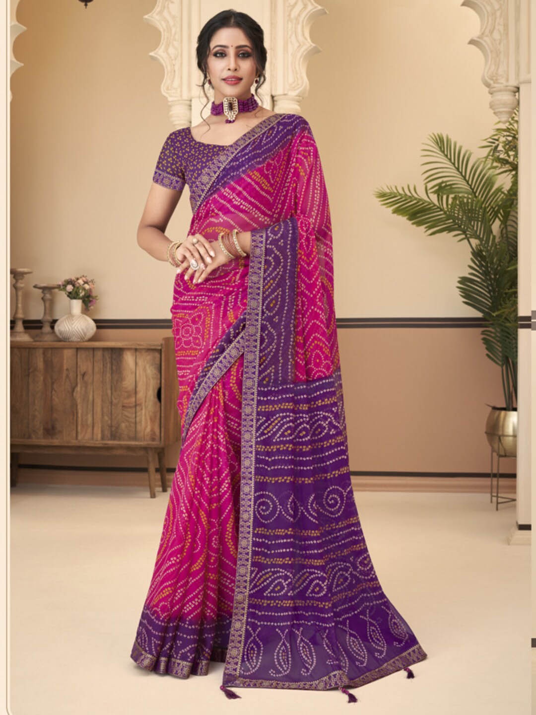 

Kasak Bandhani Printed Zari Bandhani Saree, Purple