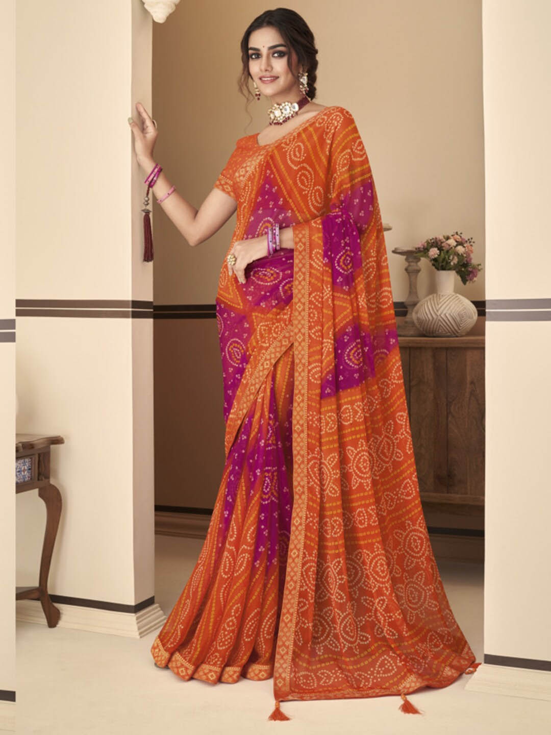 

Kasak Bandhani Printed Zari Bandhani Saree, Orange