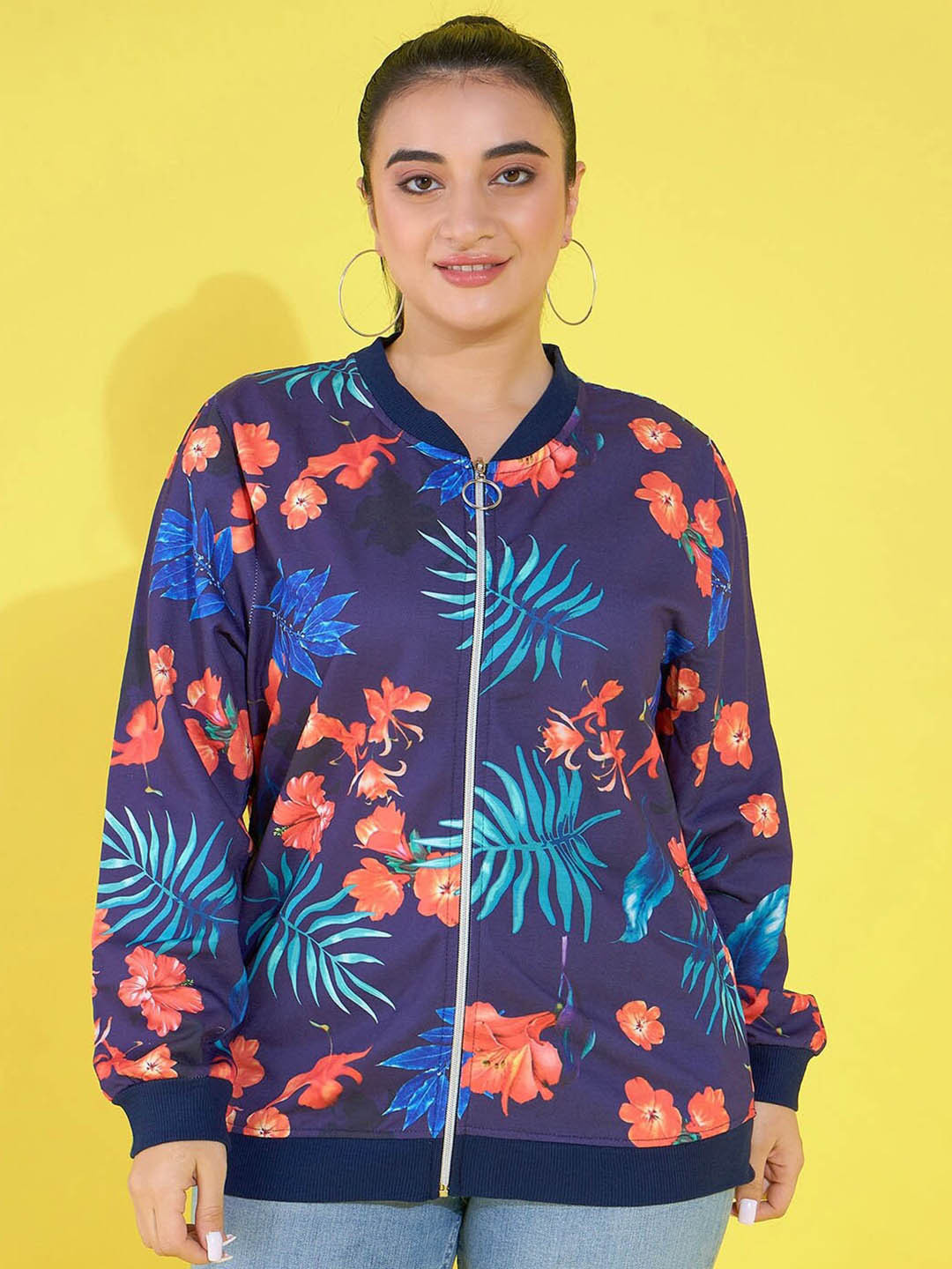 

AUSTIVO Plus Size Floral Printed Front-Open Sweatshirt, Blue