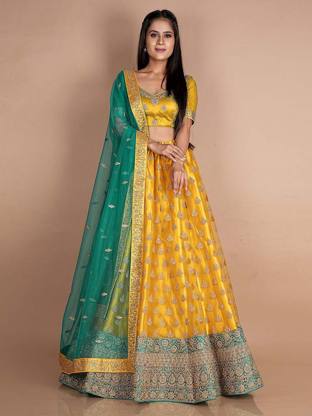 

HALFSAREE STUDIO Embroidered Semi-Stitched Lehenga & Unstitched Blouse With Dupatta, Mustard