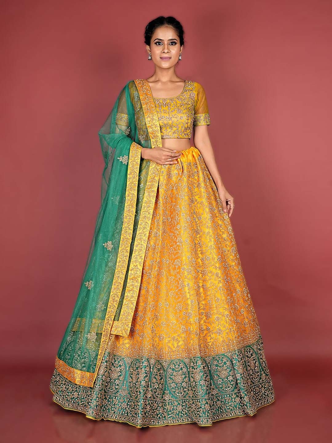 

HALFSAREE STUDIO Embroidered Semi-Stitched Lehenga & Unstitched Blouse With Dupatta, Mustard