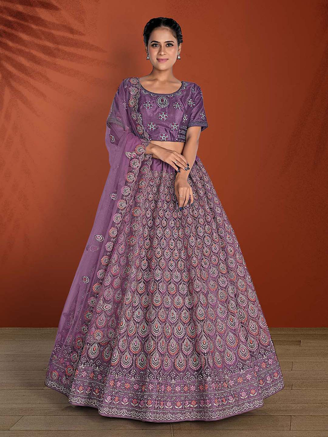 

HALFSAREE STUDIO Embroidered Semi-Stitched Lehenga & Unstitched Blouse With Dupatta, Purple