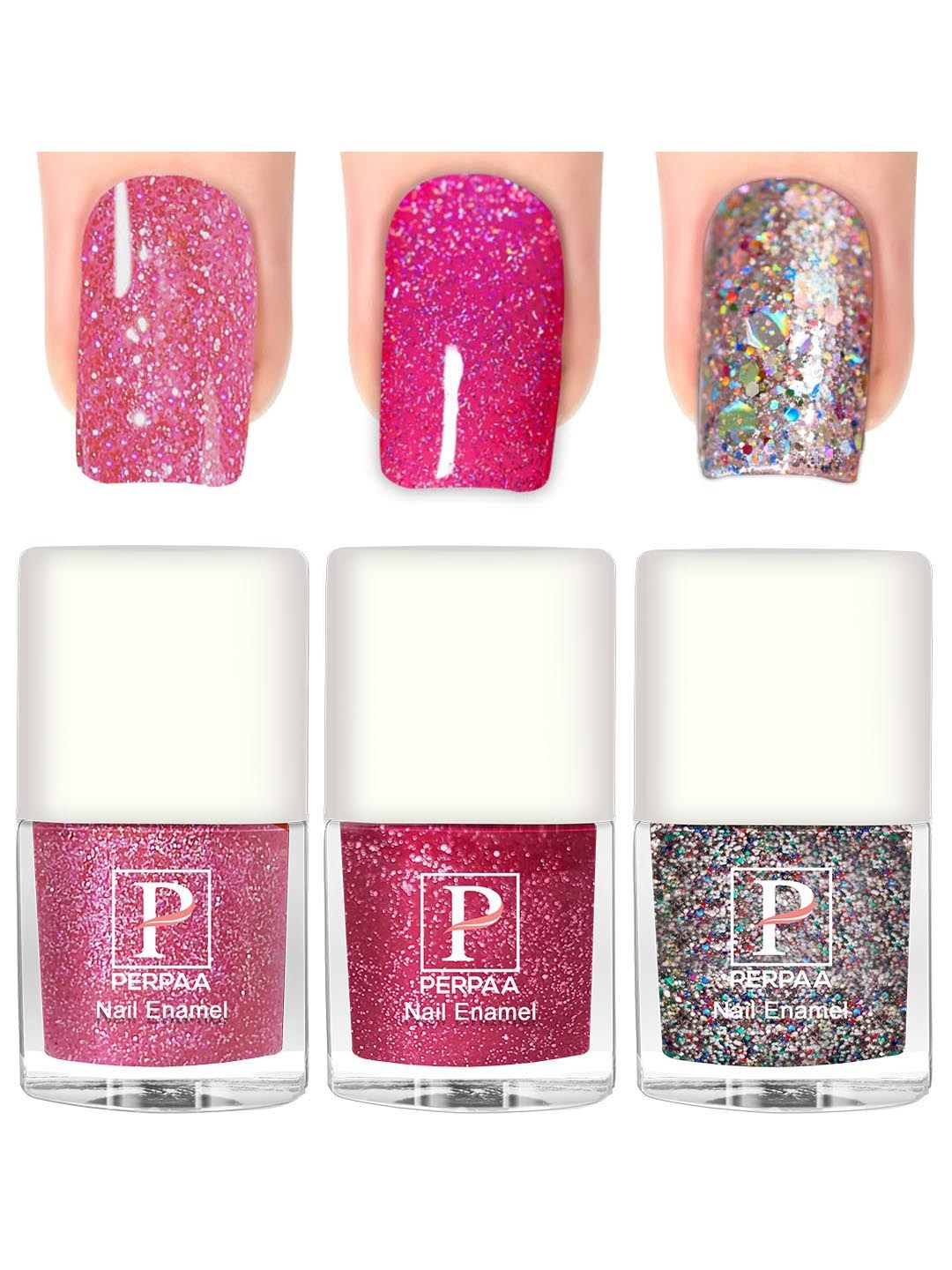 

PERPAA Set Of 3 Glitter Light Reflective Flashing Sparkly Gel Nail Polish - 5ml Each, Pink