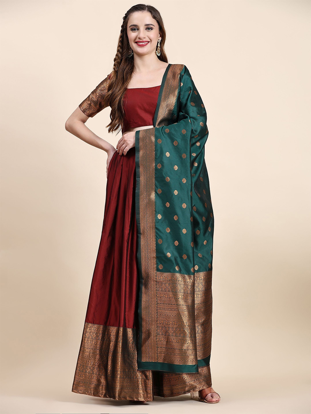 

Phenav Ethnic Motifs Woven Design Zari Silk Ready to Wear Lehenga & Blouse With Dupatta, Maroon