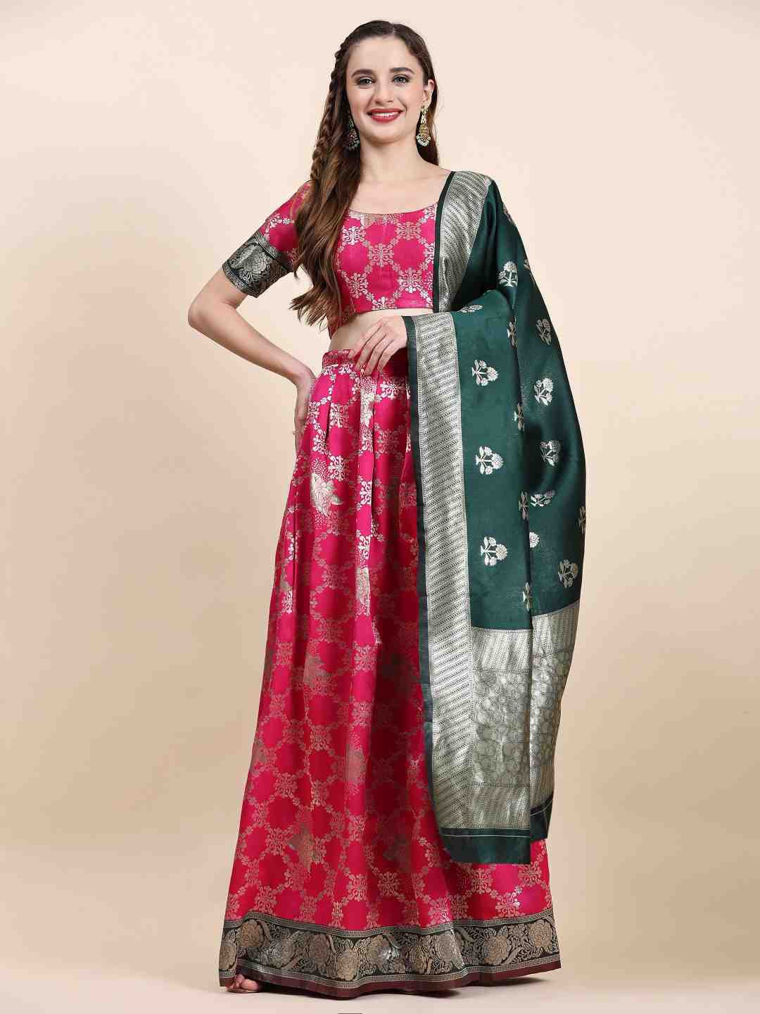 

Phenav Woven Design Zari Ready to Wear Lehenga & Blouse With Dupatta, Pink