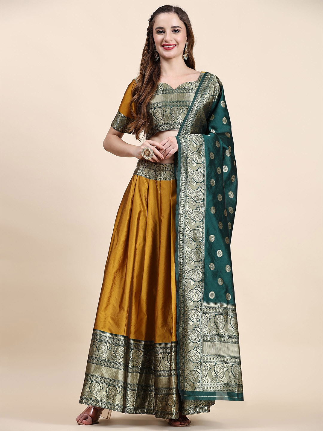 

Phenav Woven Design Zari Ready to Wear Lehenga & Blouse With Dupatta, Yellow