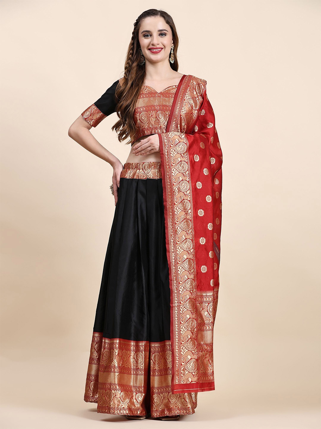 

Phenav Woven Design Zari Ready to Wear Lehenga & Blouse With Dupatta, Black