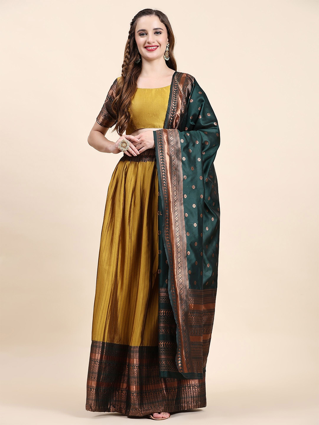 

Phenav Ethnic Motifs Woven Design Zari Silk Ready to Wear Lehenga & Blouse With Dupatta, Yellow