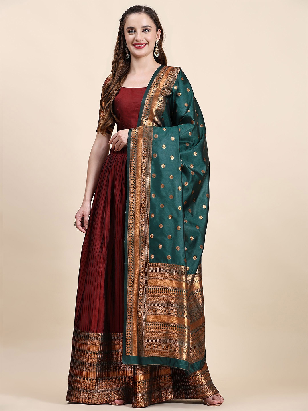 

Phenav Ethnic Motifs Woven Design Silk Ready to Wear Lehenga & Blouse With Dupatta, Maroon